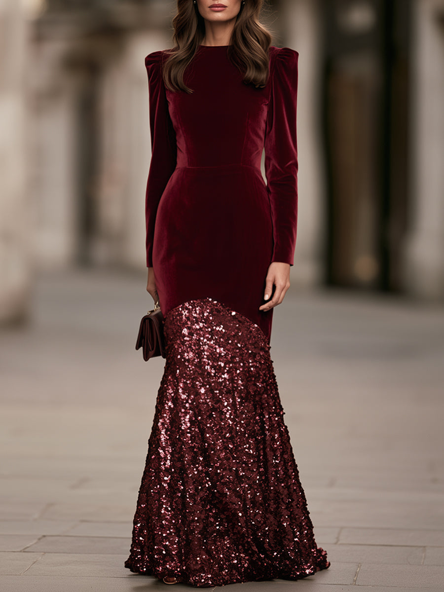 Velvet And Sequin Mermaid Maxi Dress With Puff Shoulders