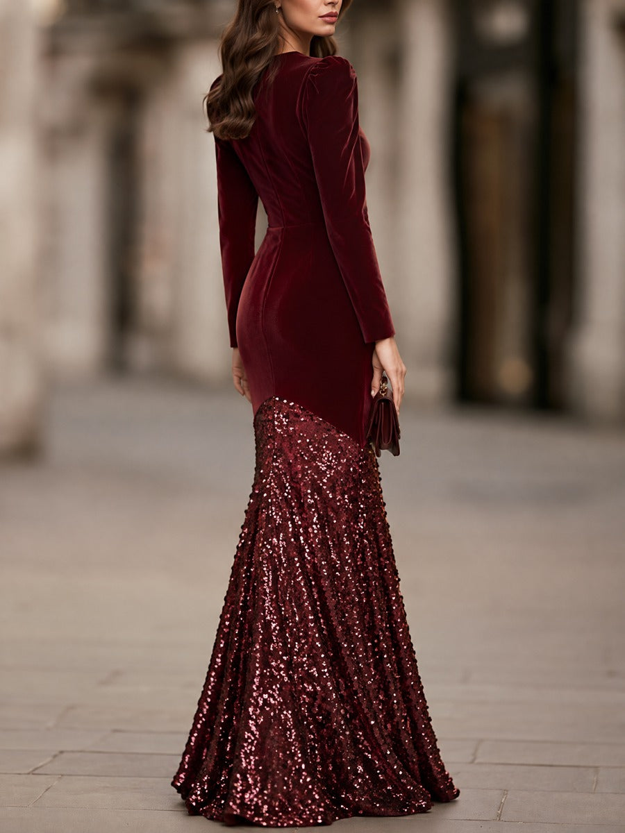 Velvet And Sequin Mermaid Maxi Dress With Puff Shoulders