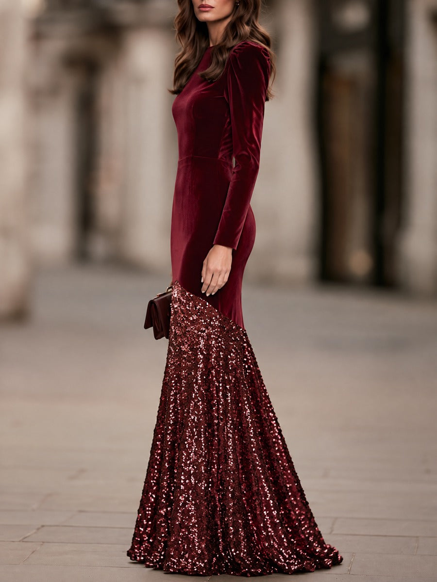 Velvet And Sequin Mermaid Maxi Dress With Puff Shoulders