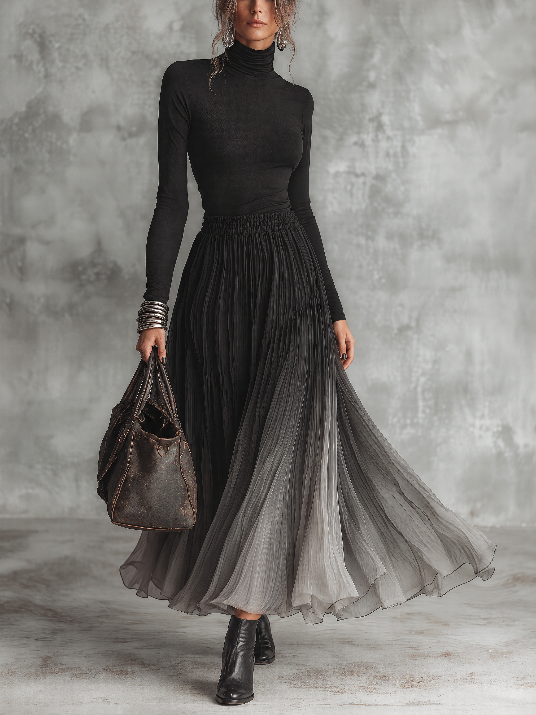 Black Knit Spliced Pleated Gradient Chiffon Maxi Dress