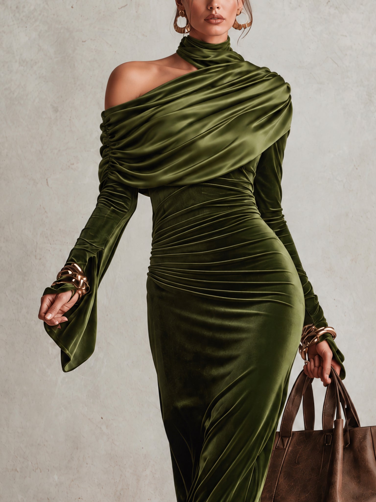 Olive Green Velvet Satin Panelled One Shoulder Turtleneck Bodycon Dress