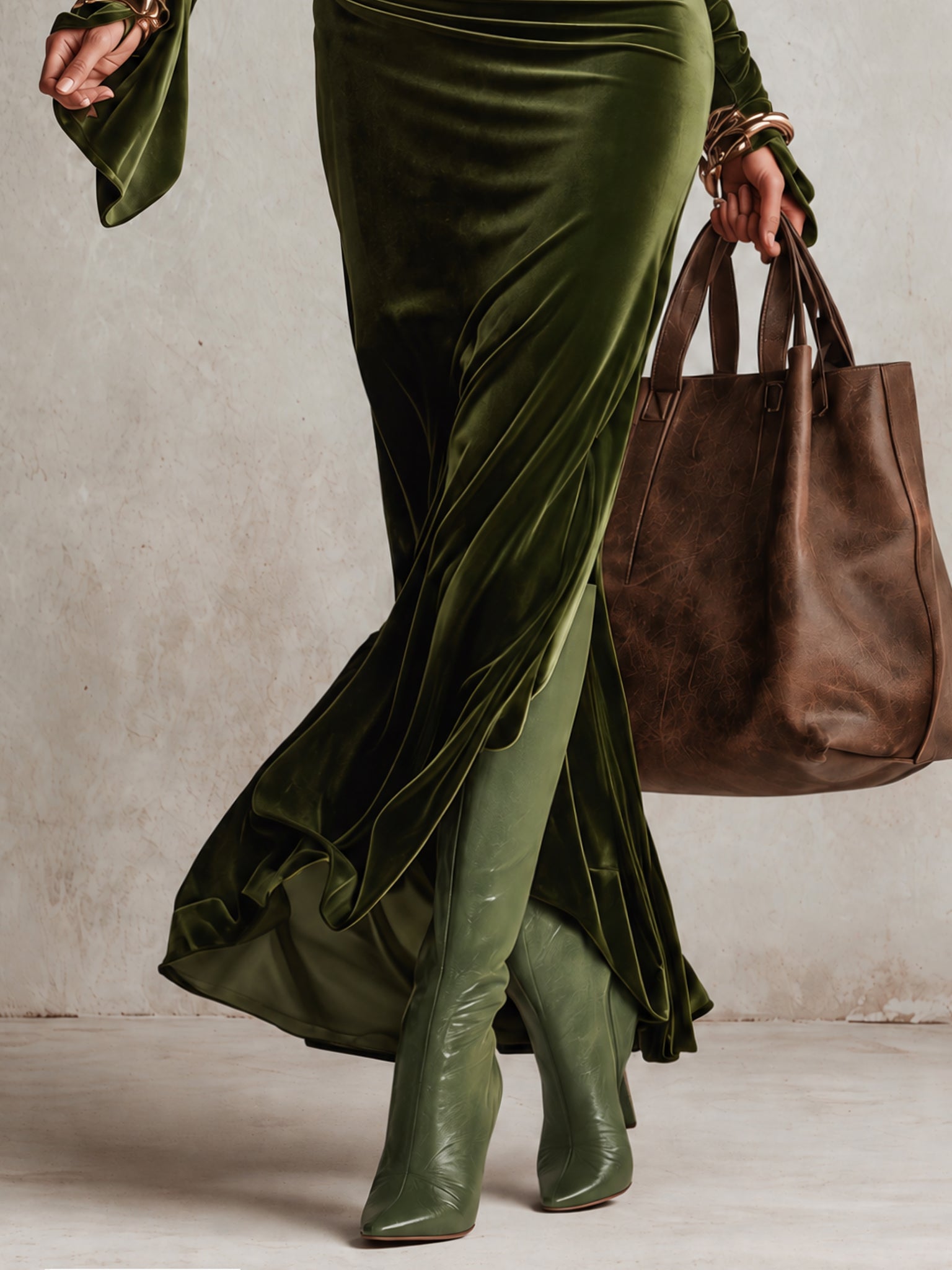 Olive Green Velvet Satin Panelled One Shoulder Turtleneck Bodycon Dress