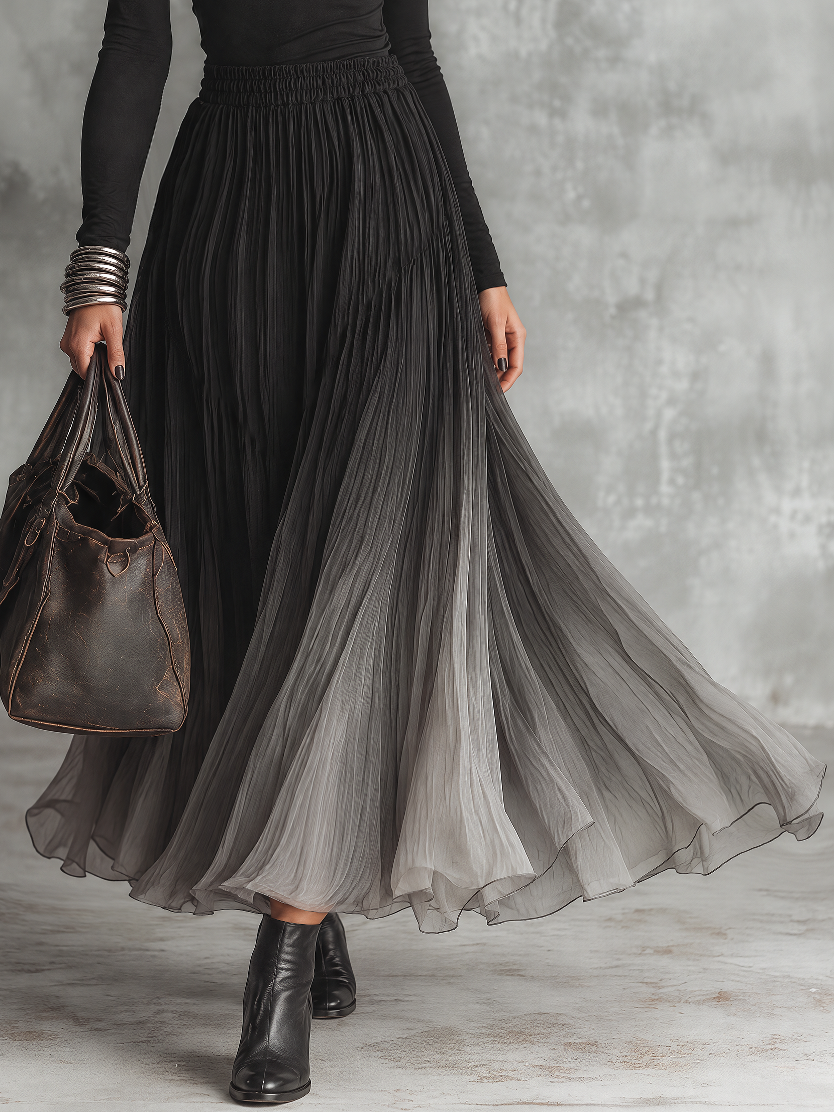 Black Knit Spliced Pleated Gradient Chiffon Maxi Dress