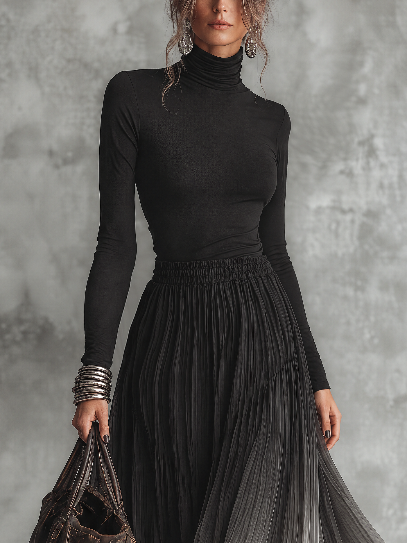 Black Knit Spliced Pleated Gradient Chiffon Maxi Dress