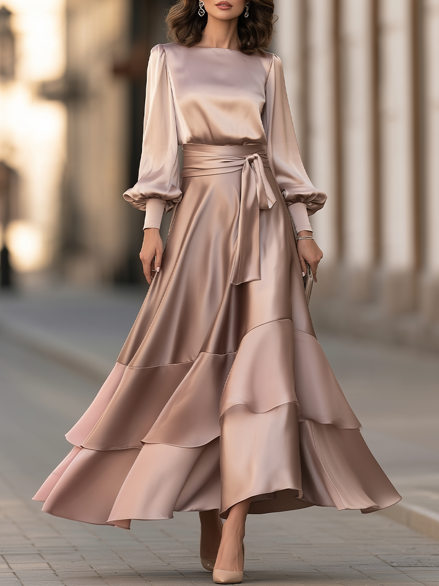 Bishop Sleeve Tie Waist Tiered Maxi Dress