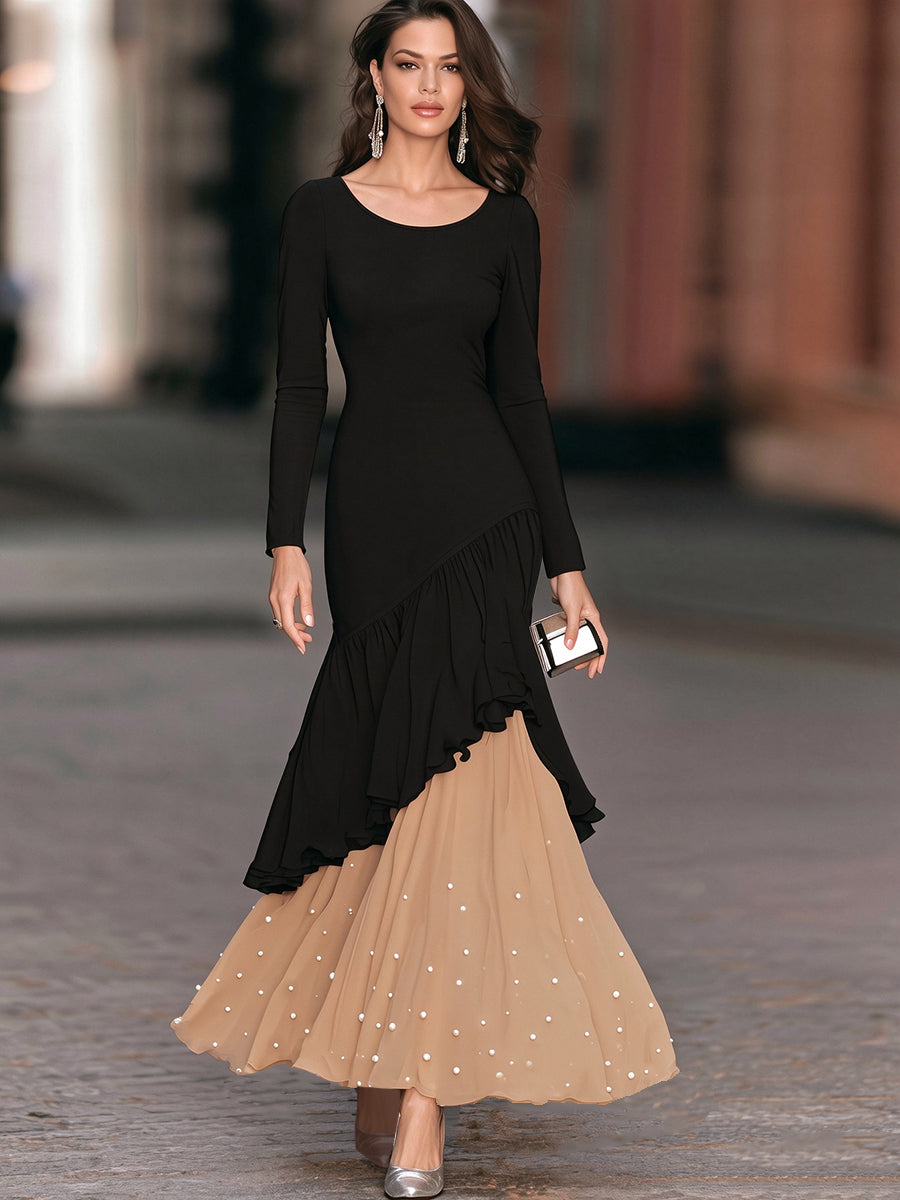 Asymmetric Ruffled Pearl-Embellished Layered Maxi Dress