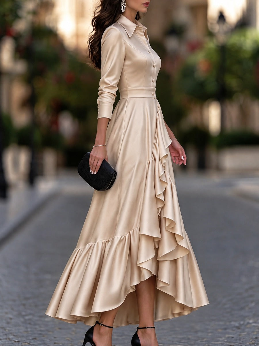 Satin Button-Front Ruffle Maxi Shirt Dress