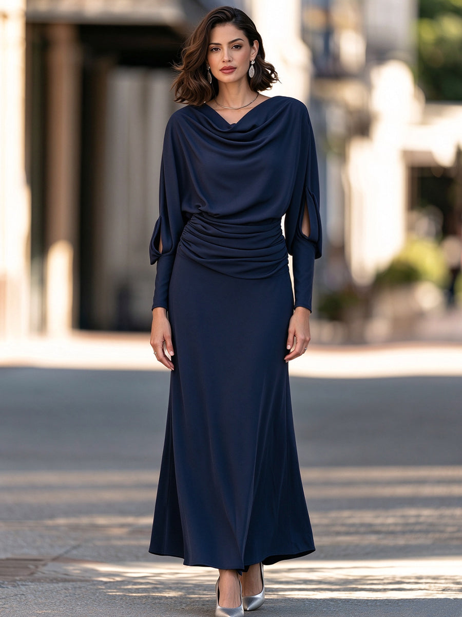 Cowl-Neck Cutout Sleeve Ruched Maxi Dress