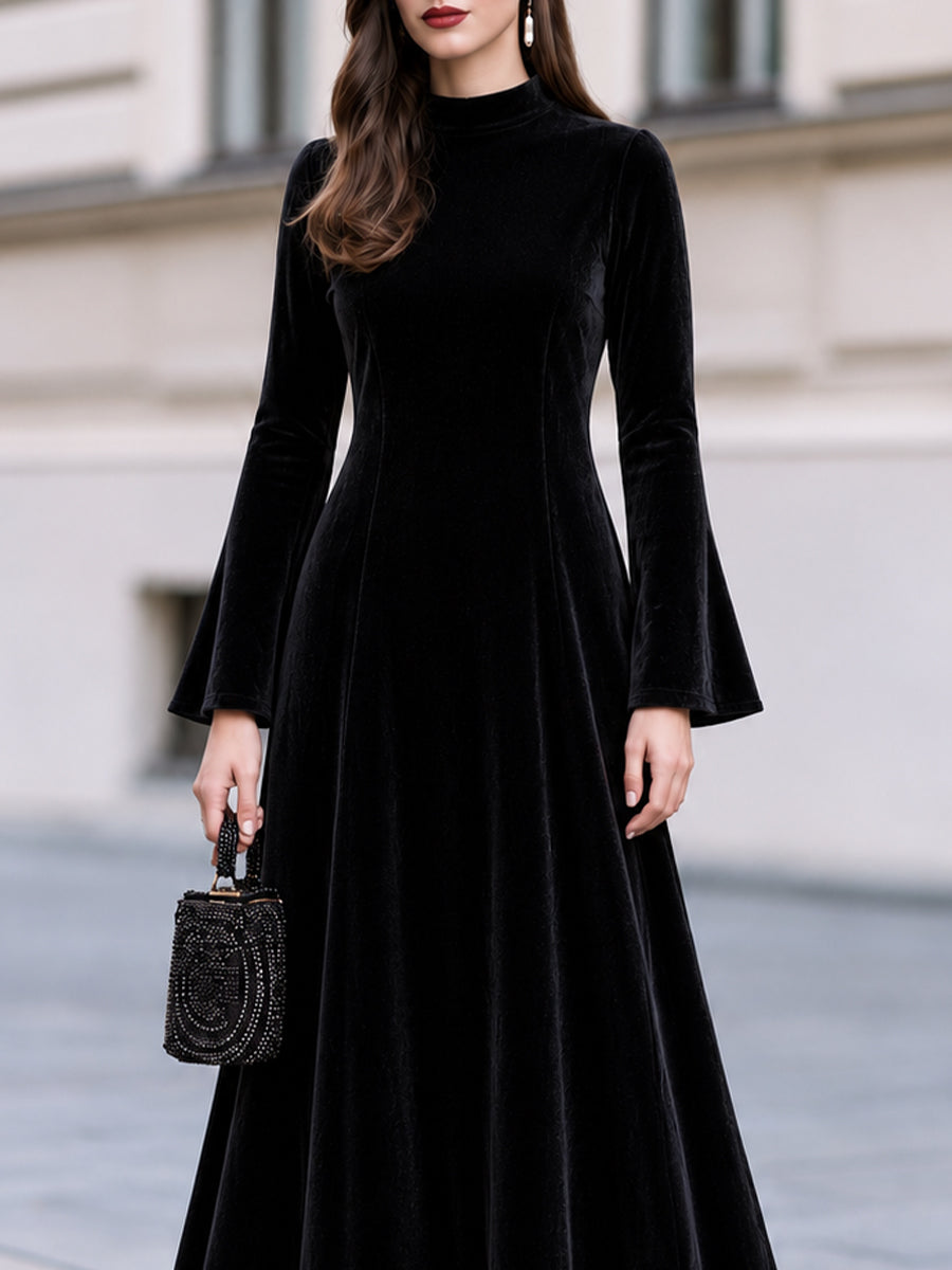 High Neck Velvet Flare Sleeve Maxi Dress With Tulle Hem