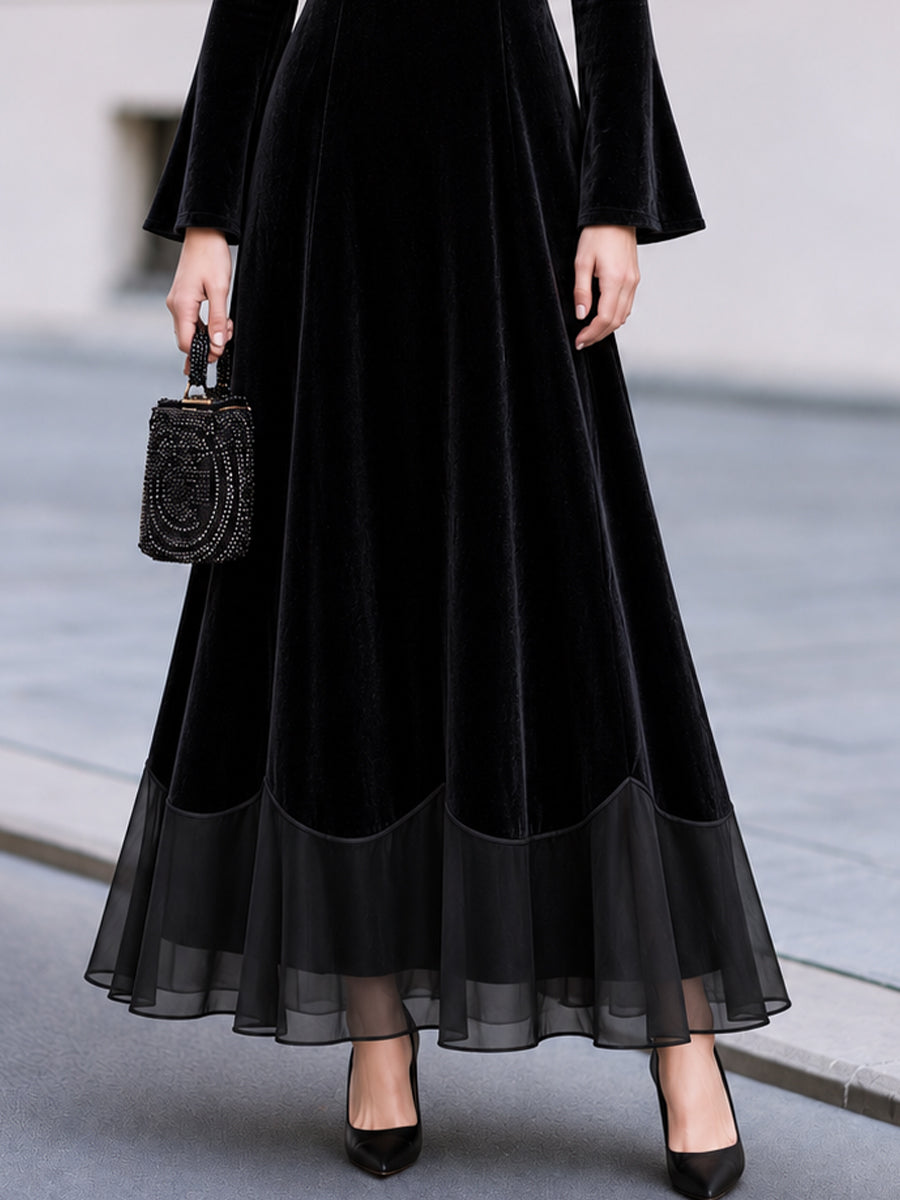 High Neck Velvet Flare Sleeve Maxi Dress With Tulle Hem