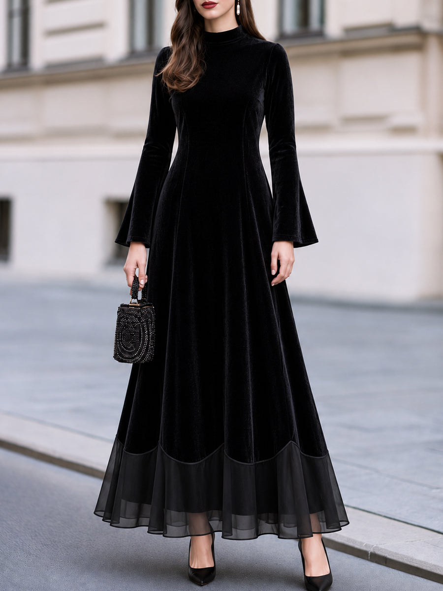 High Neck Velvet Flare Sleeve Maxi Dress With Tulle Hem
