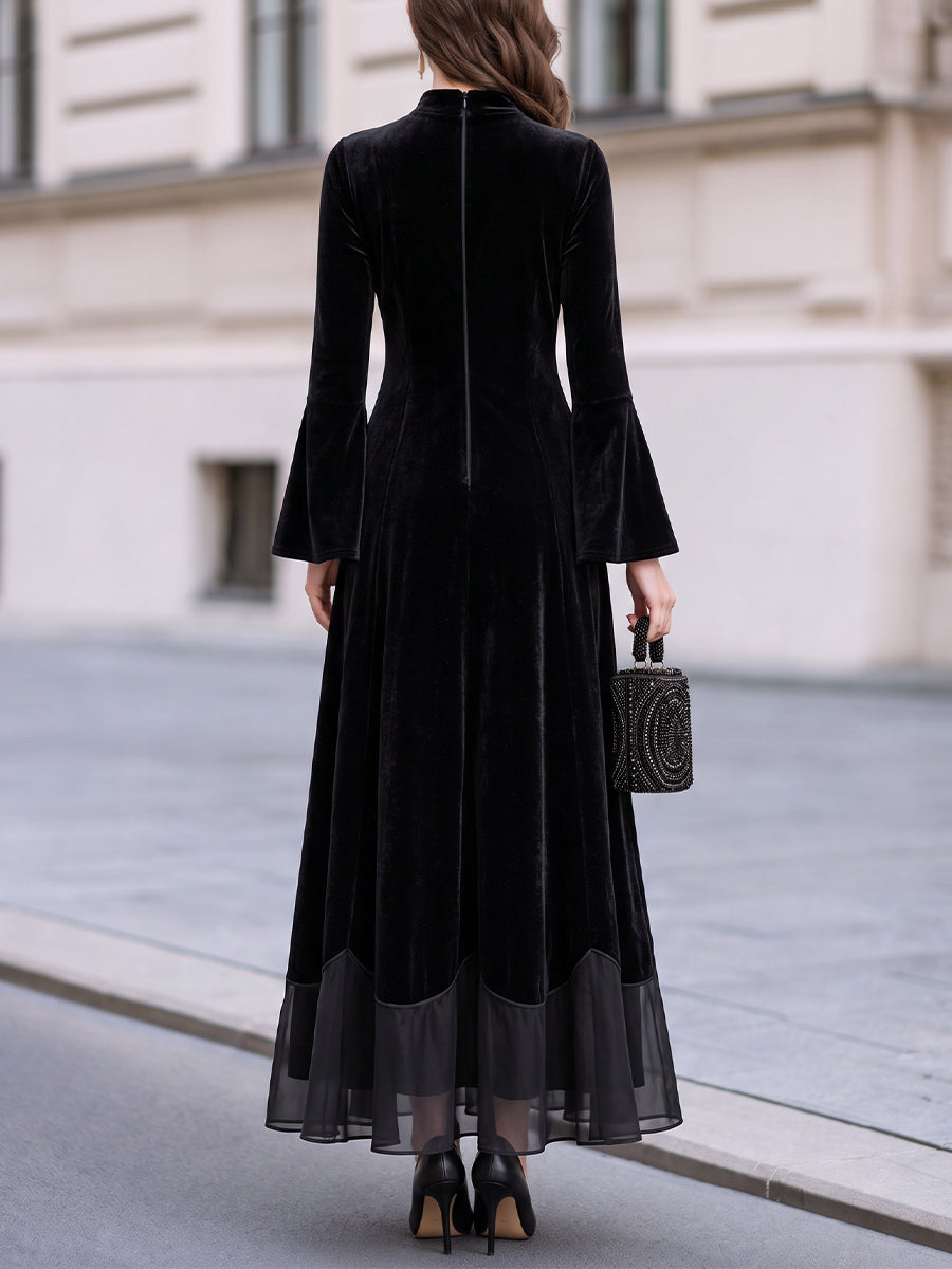High Neck Velvet Flare Sleeve Maxi Dress With Tulle Hem