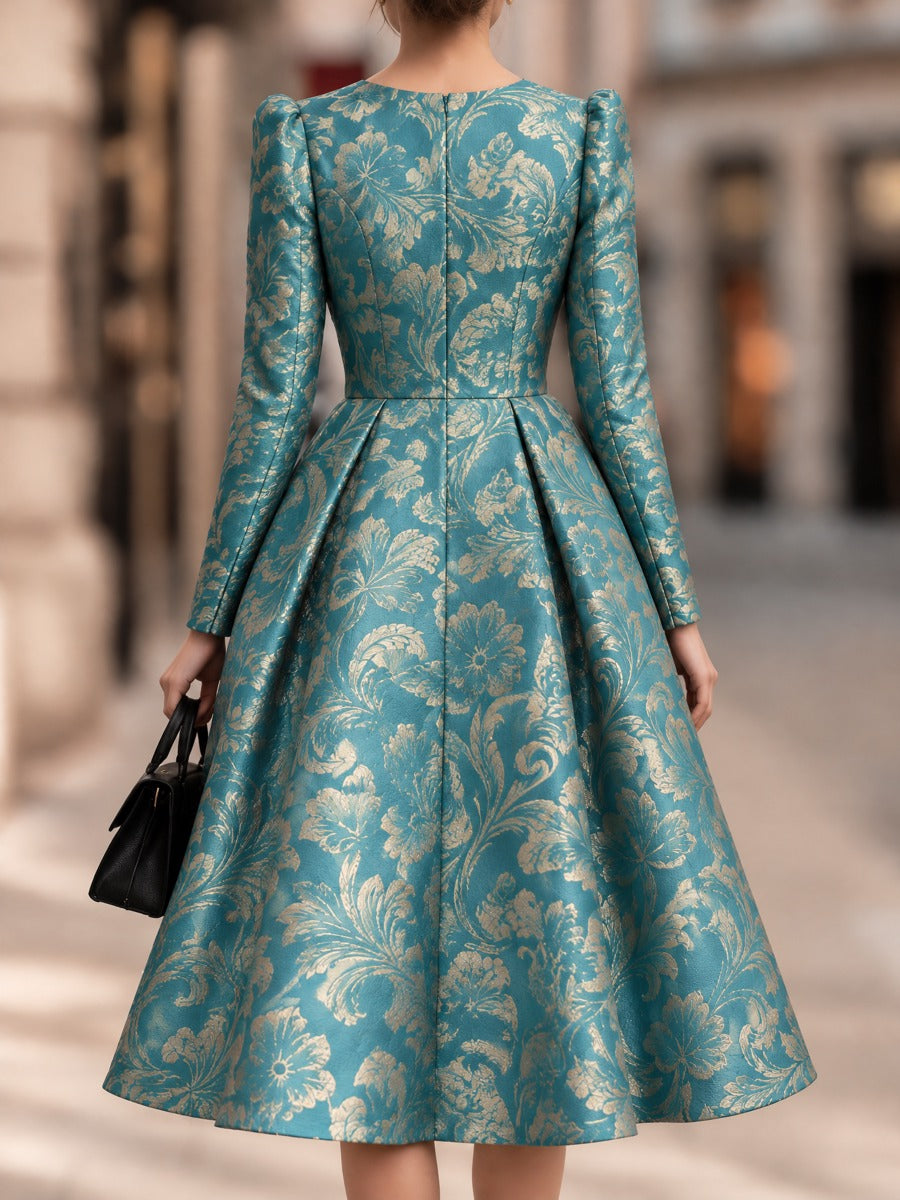 Teal Floral Jacquard Long Sleeve Midi Dress – Puff Shoulder Pleated A-Line Dress
