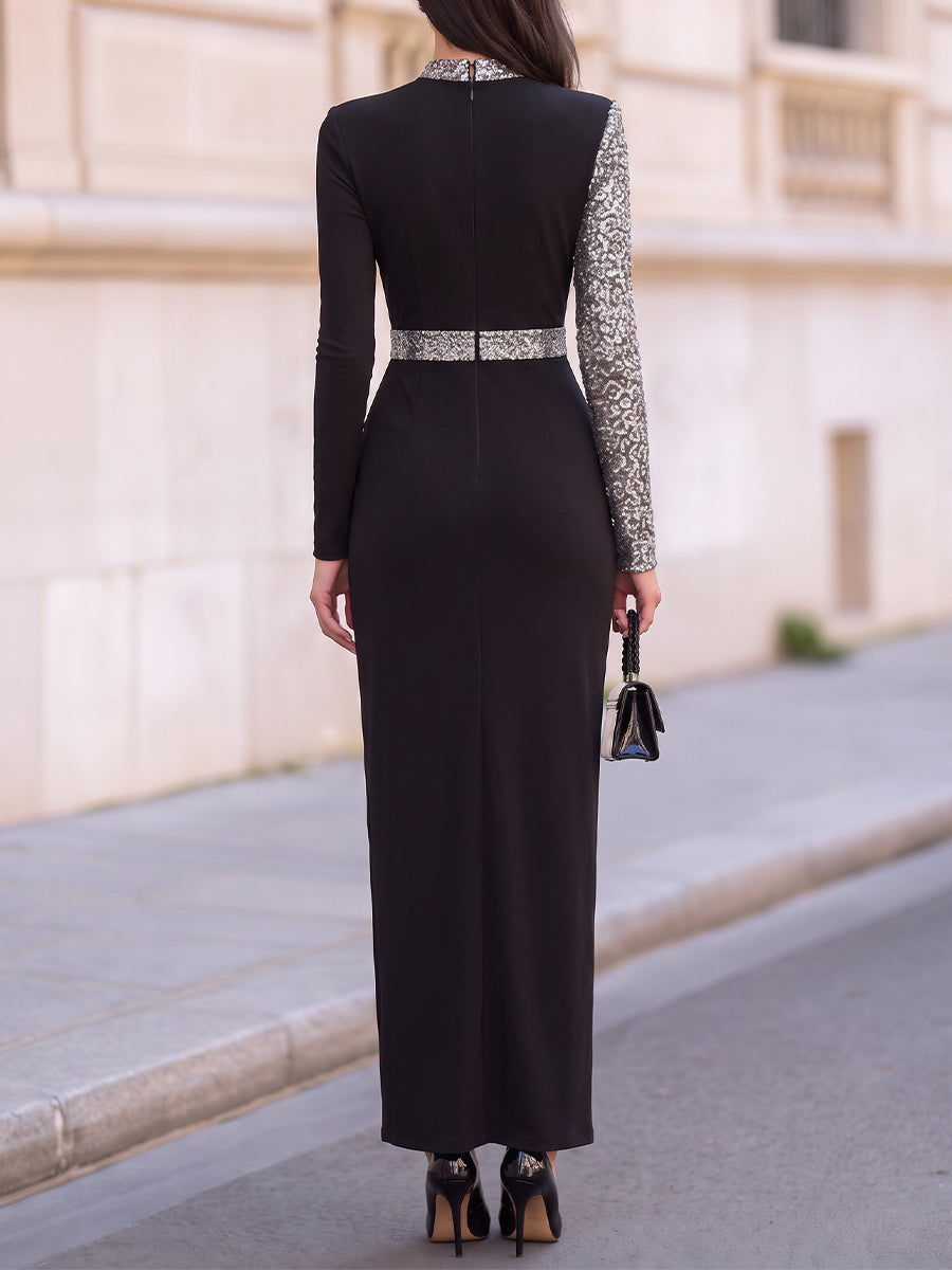 Black Sequin Color Block High Neck Long Sleeve Slit Maxi Evening Dress