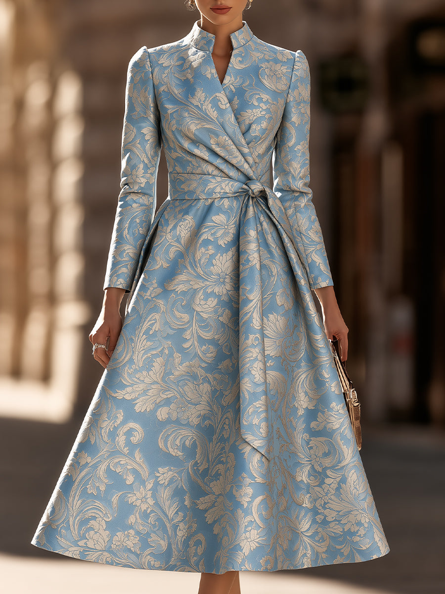 Light Blue Baroque Floral Wrap Midi Dress