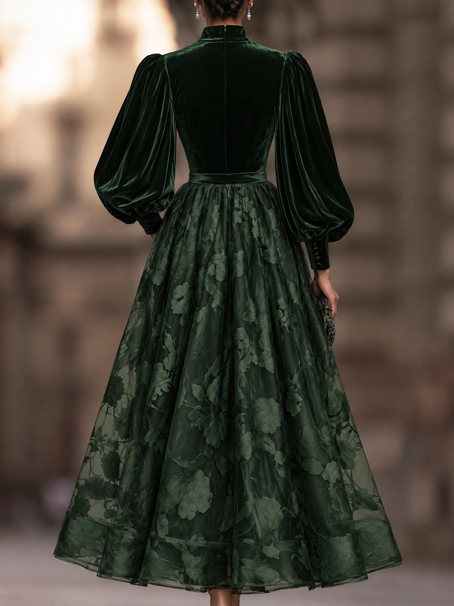 Dark Green Velvet Puff Sleeve Midi Dress with Floral Tulle A-Line Skirt