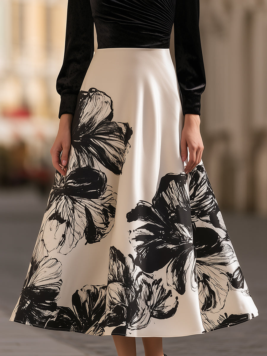 Floral Print Velvet-Bodice Midi Dress
