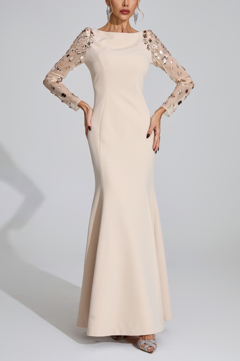 Apricot Mermaid Maxi Dress with Sequin Sleeves