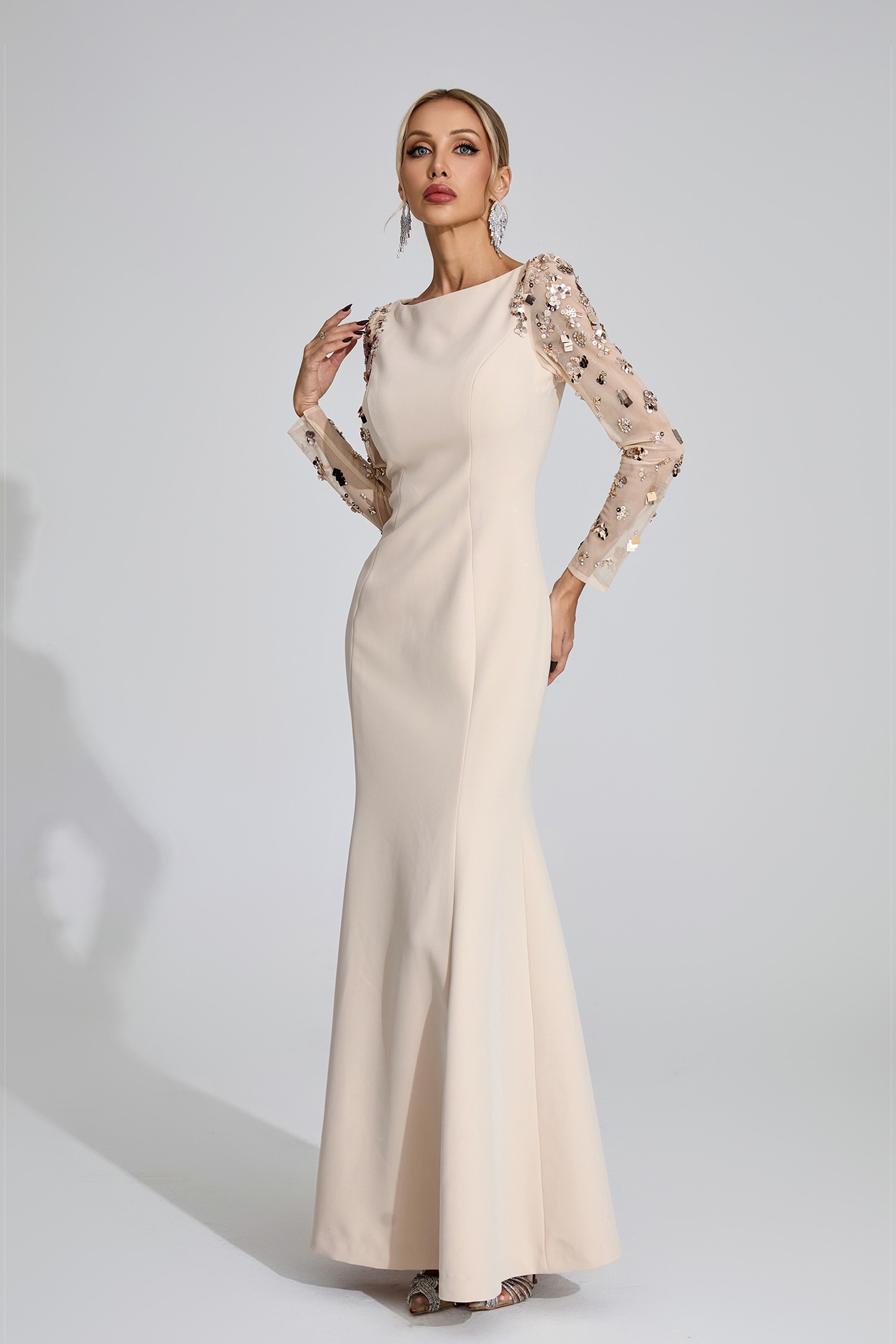 Apricot Mermaid Maxi Dress with Sequin Sleeves