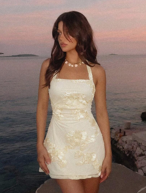 Women Cream 3D Flower Halter Bodycon Mini Dress Square Neck Slip Dress
