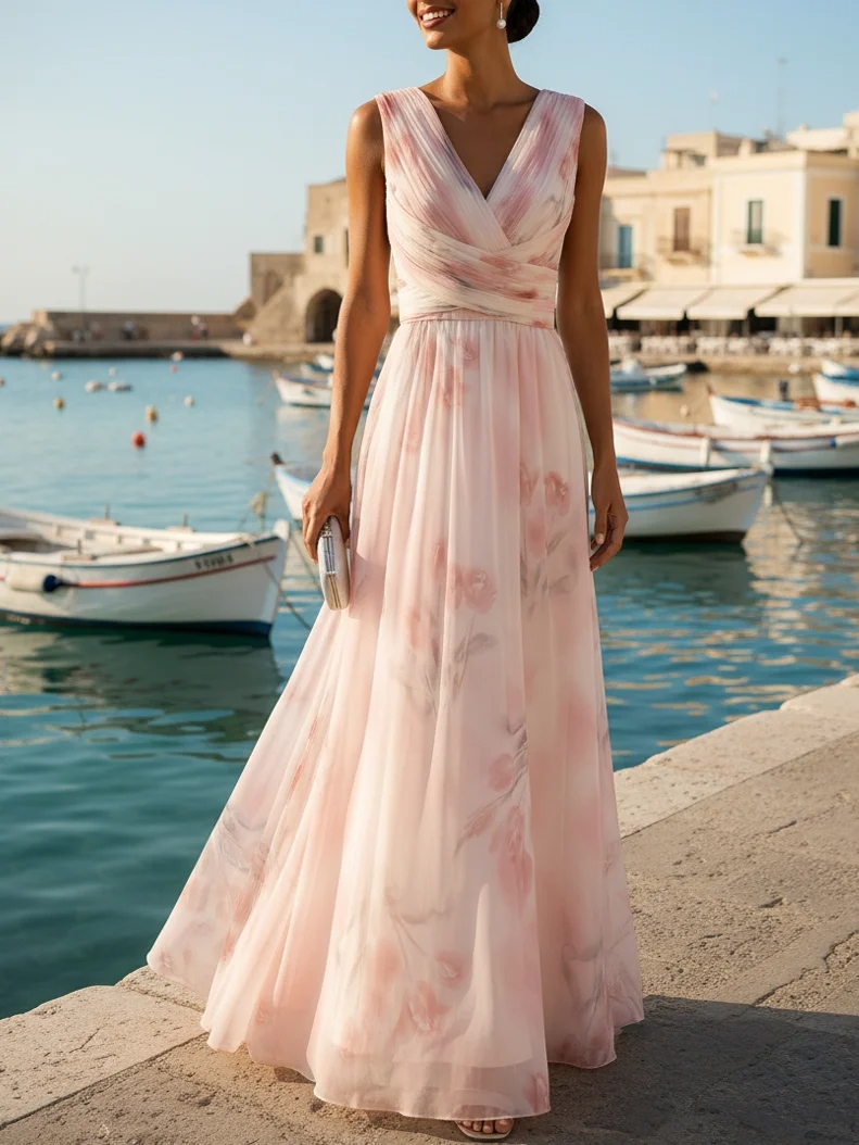 Light Pink Floral Ruched Chiffon V Neck Sleeveless A-Line Floor-length Gown Dress