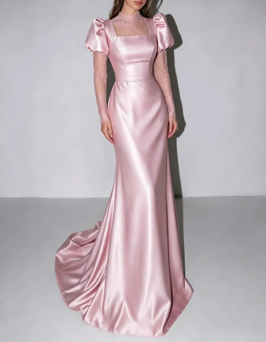 High Neck Lace Long Sleeve Satin Mermaid Evening Maxi Dress
