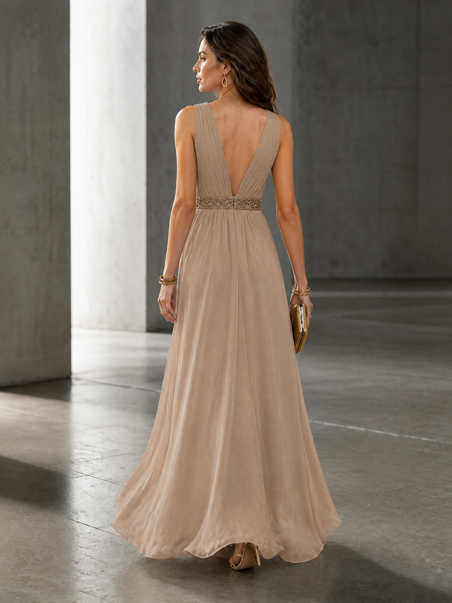 Champagne Beaded Deep V High Slit Chiffon Formal Evening Dress