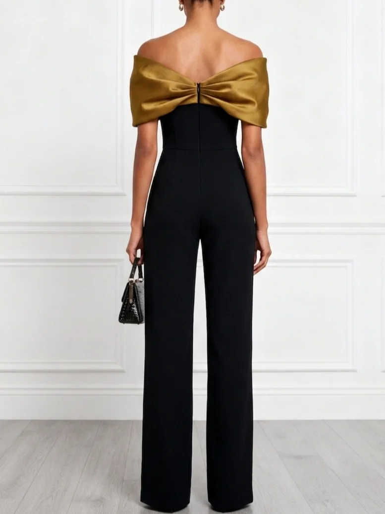 Women Black Split Joint Off The Shoulder Short Sleeve Elegant Jumpsuit