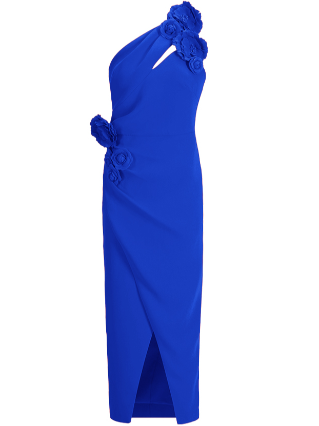 Red 3D Floral One-Shoulder Sheath Midi Dress