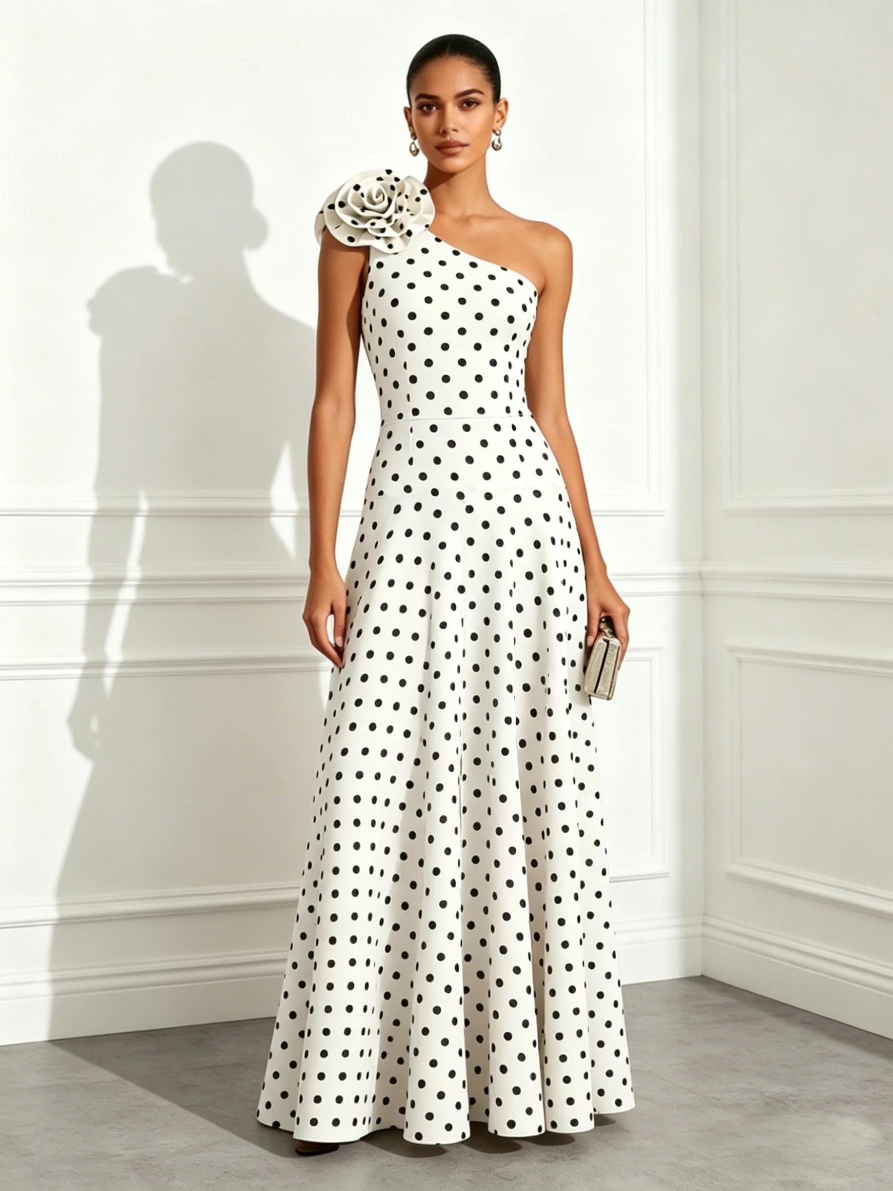 Off White 3D Floral Classic One Shoulder Sleeveless A-Line Floor Length Dress
