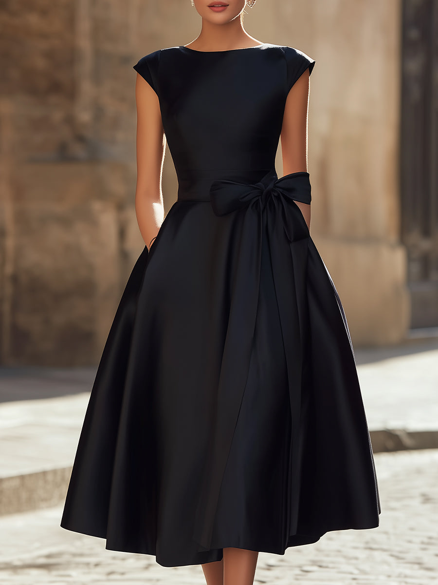 Timeless Elegance Boat-Neck A-Line Midi Dress With Oversized Side Bow