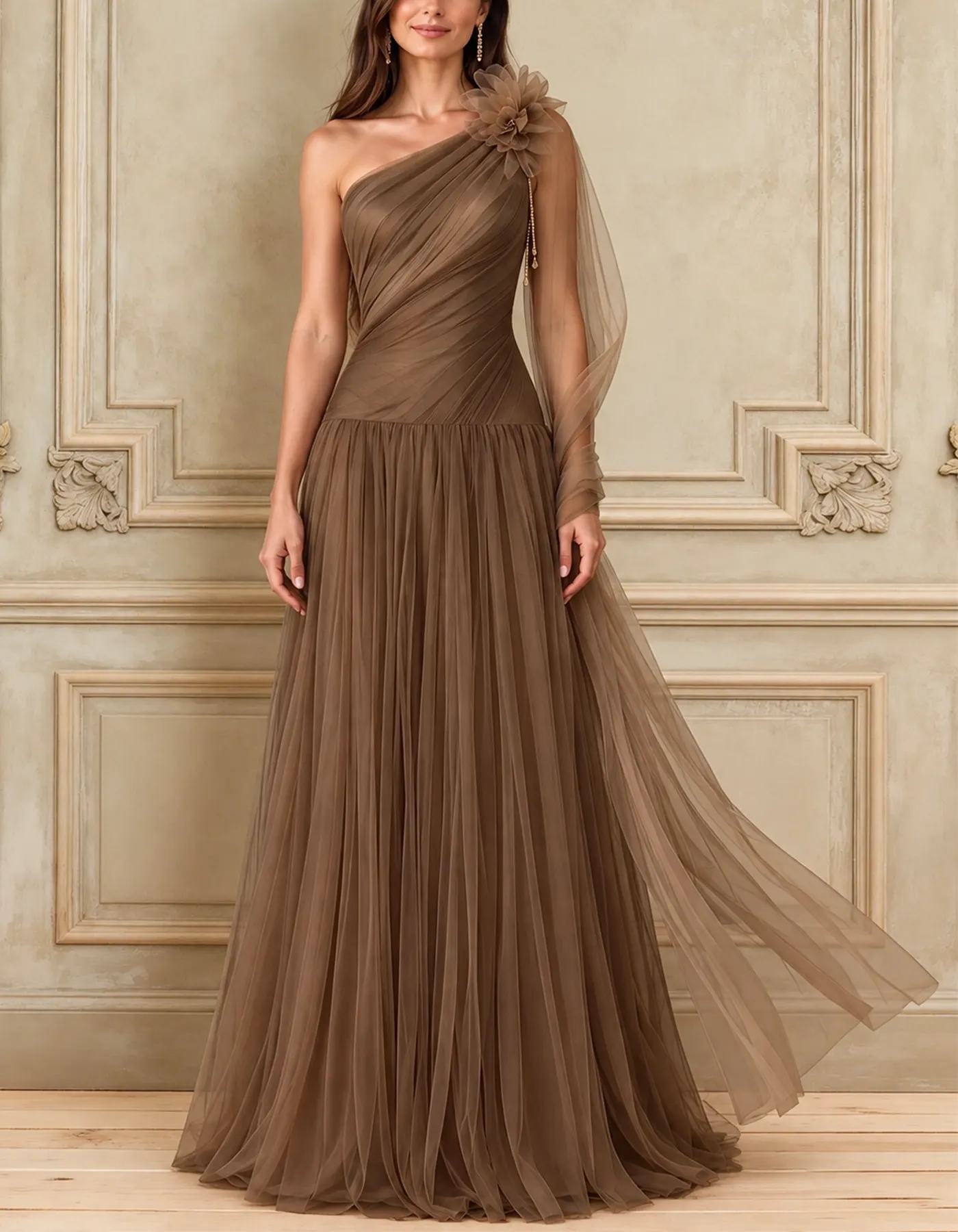 Brown A-line Tulle With One Shoulder Design Maxi Dress