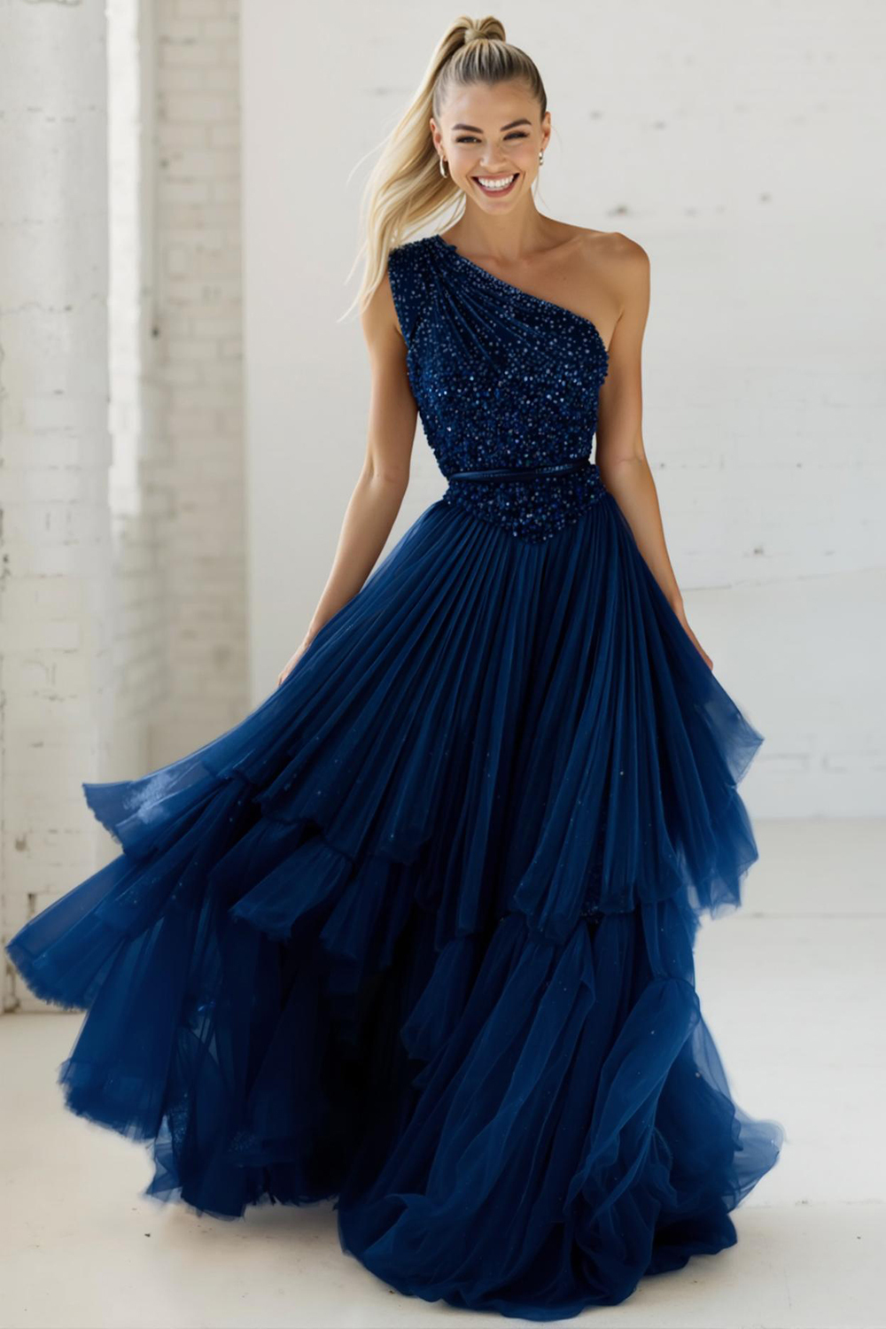Sparkly Champagne Pleated Tulle One Shoulder Long Formal Dress with Sequins