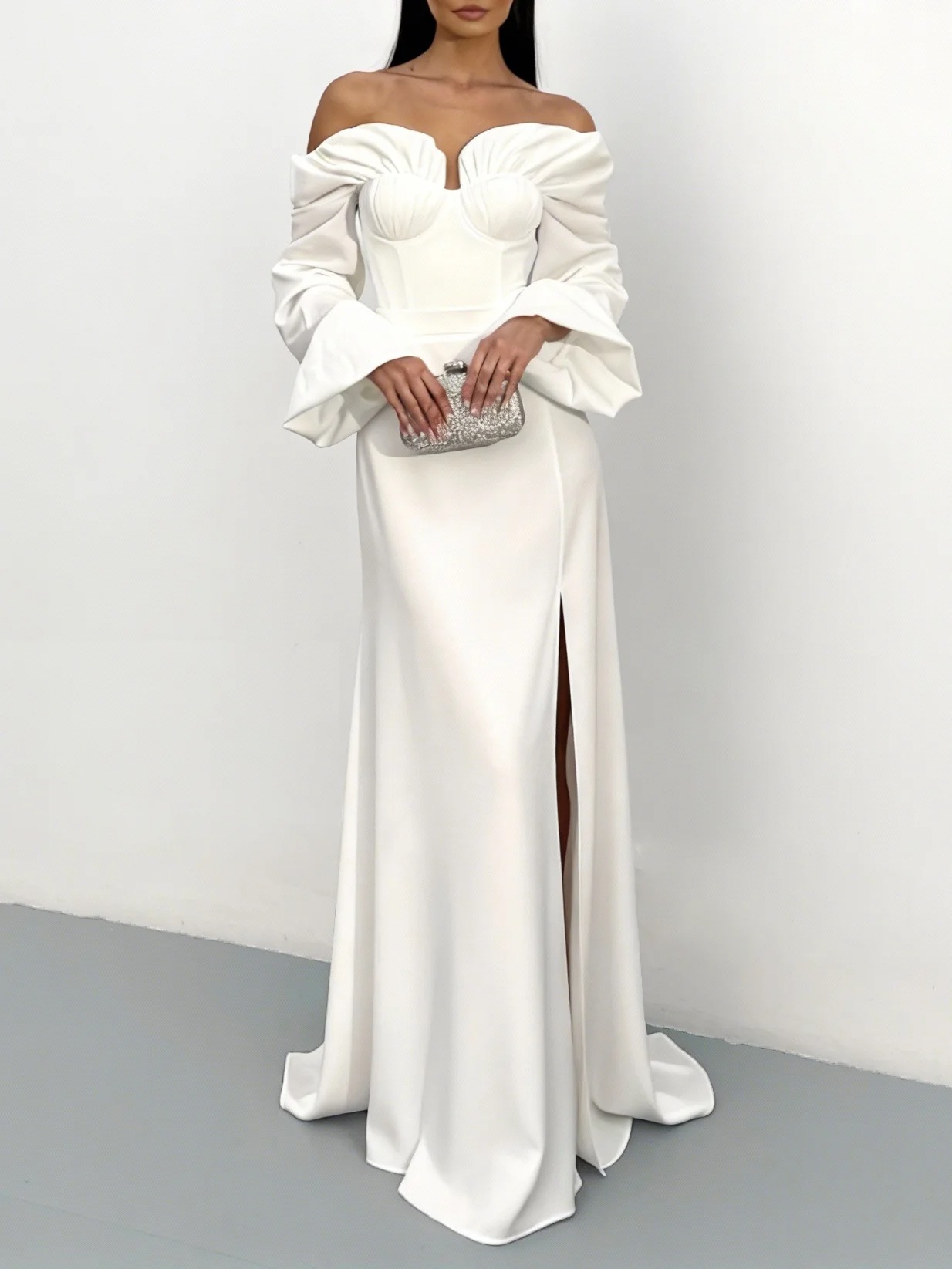 White Ruched Classic Off The Shoulder Long Sleeve A-Line Maxi Dress