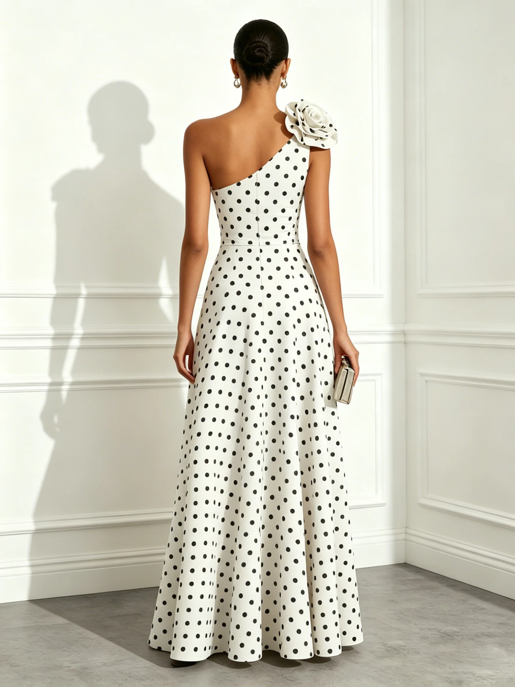 Off White 3D Floral Classic One Shoulder Sleeveless A-Line Floor Length Dress