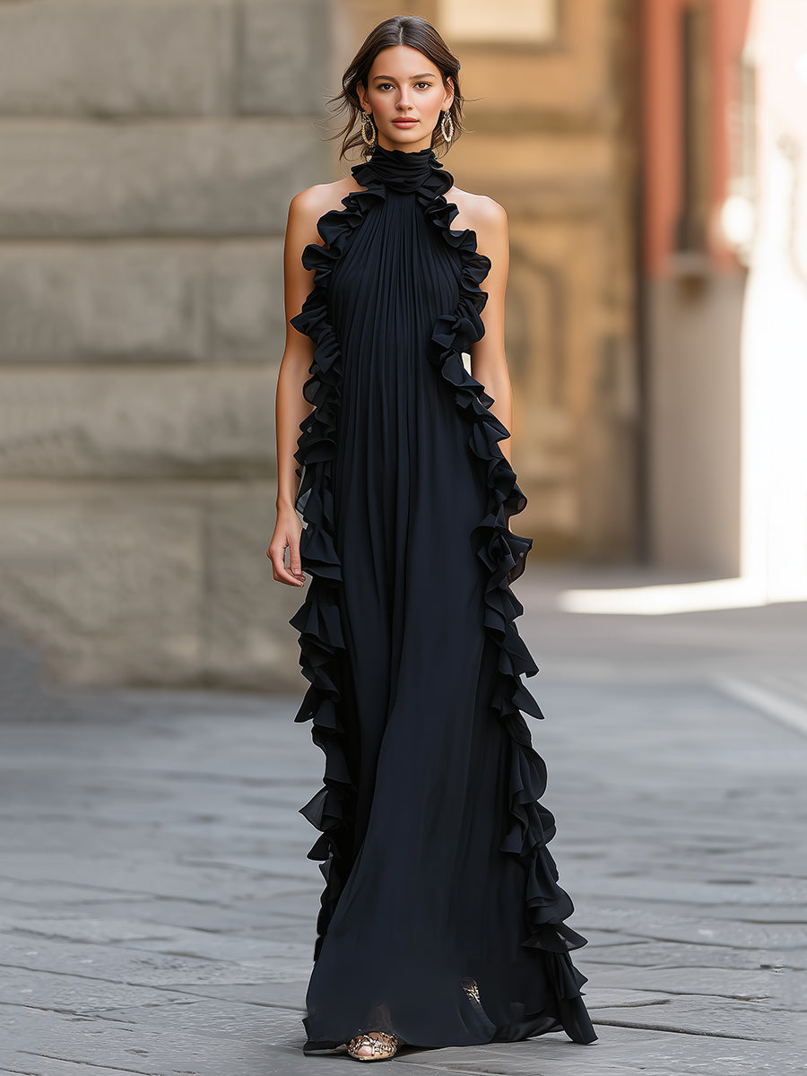 Midnight Elegance Ruffled Halter Pleated Chiffon Maxi Gown
