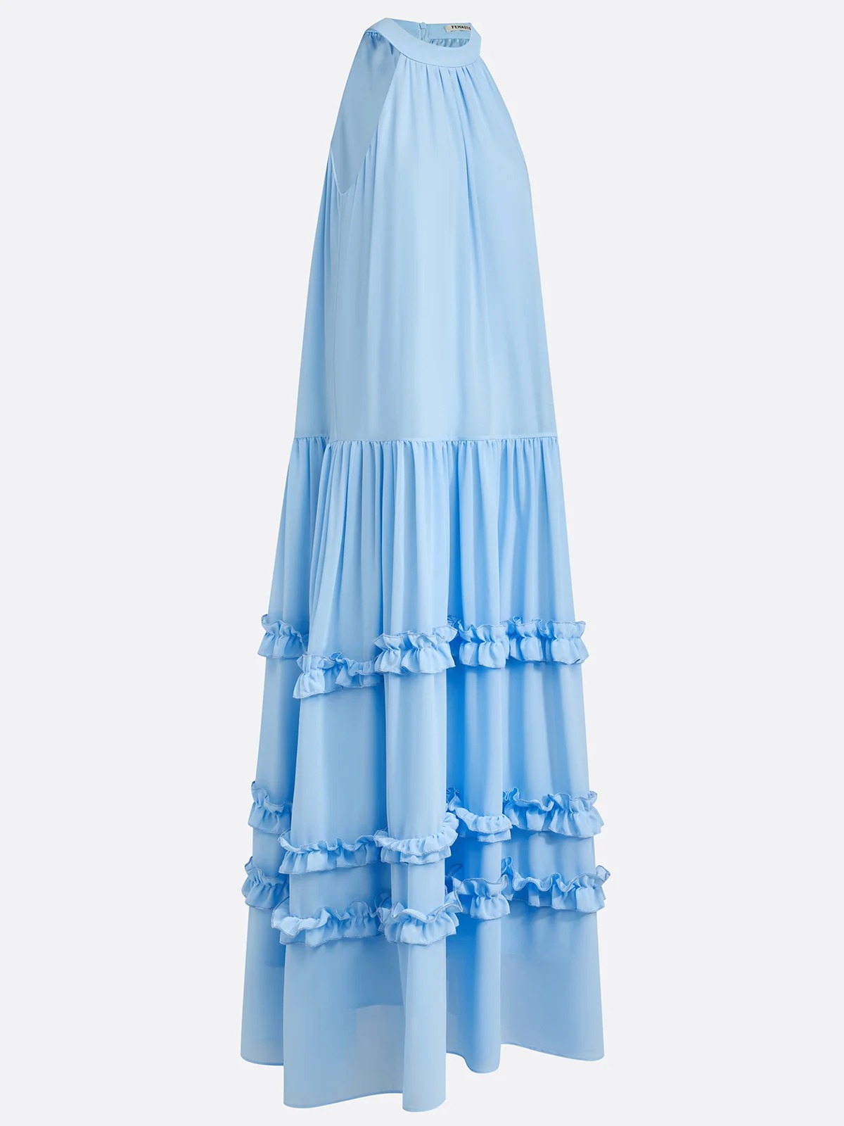 Blue Ruffled Chiffon Halter Sleeveless A-Line Maxi Dress