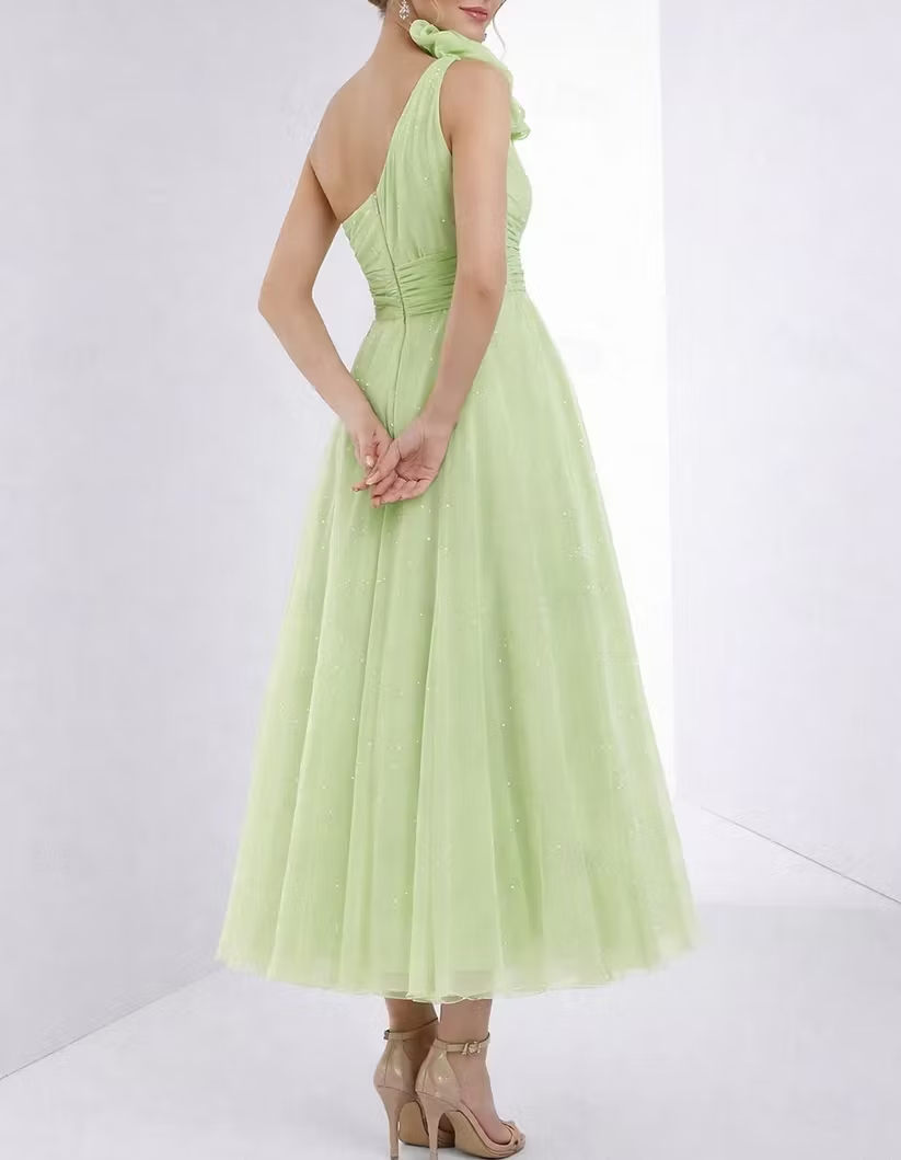 Apple Green Chiffon One Shoulder Floral Pearl Midi Dress