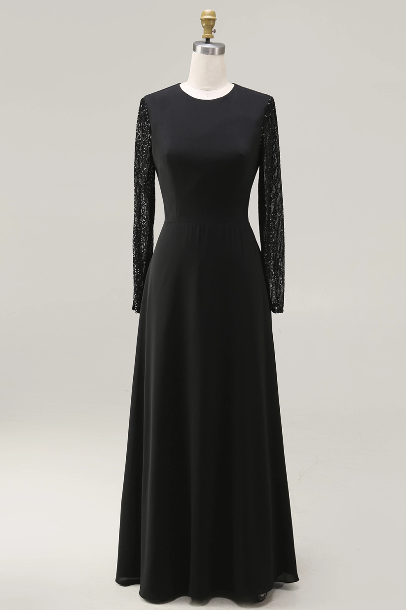 Elegant Evening Black Dress Shiny Long Sleeve Maxi Dress