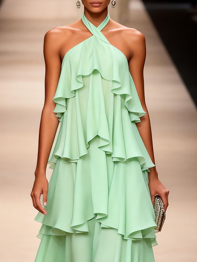 Light Green Ruffled Chiffon Halter Sleeveless A-Line Maxi Dress