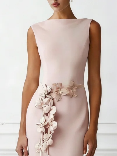 Pink 3D Floral Classic Boat Neck Sleeveless Sheath Maxi Dress