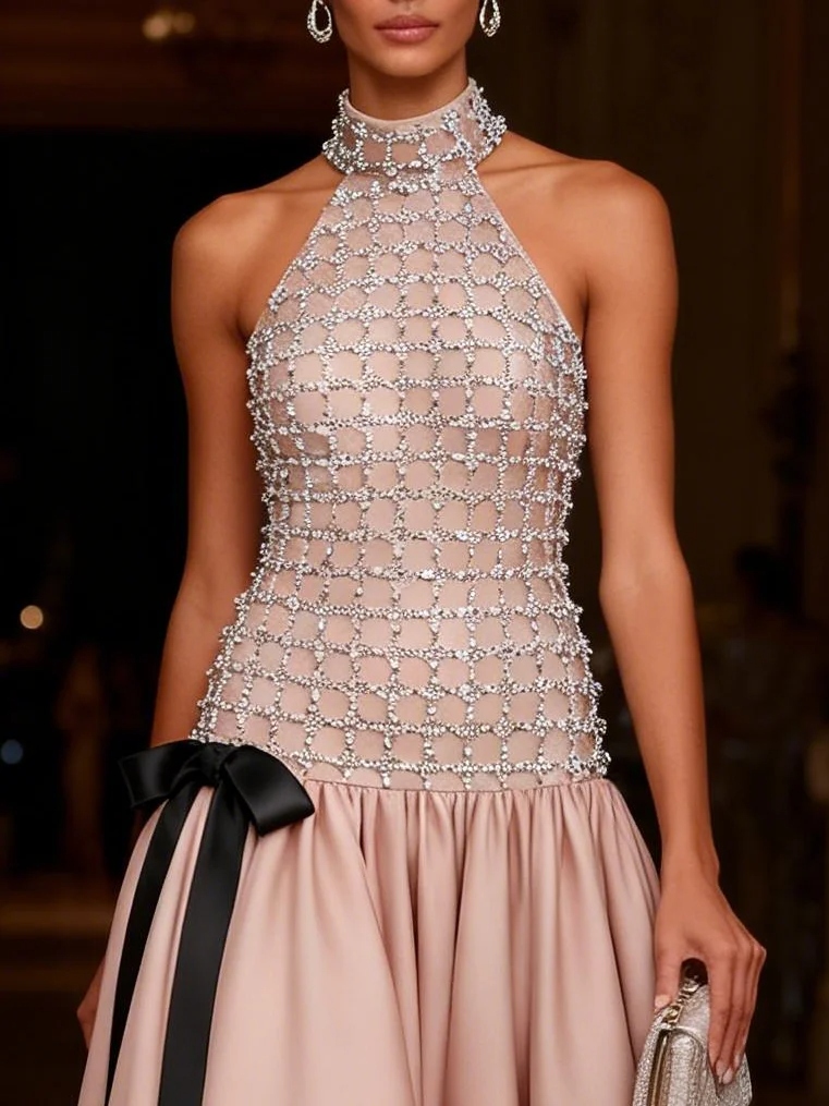 Pink Rhinestone Glitter Satin Halter Sleeveless A-Line Gown Dress