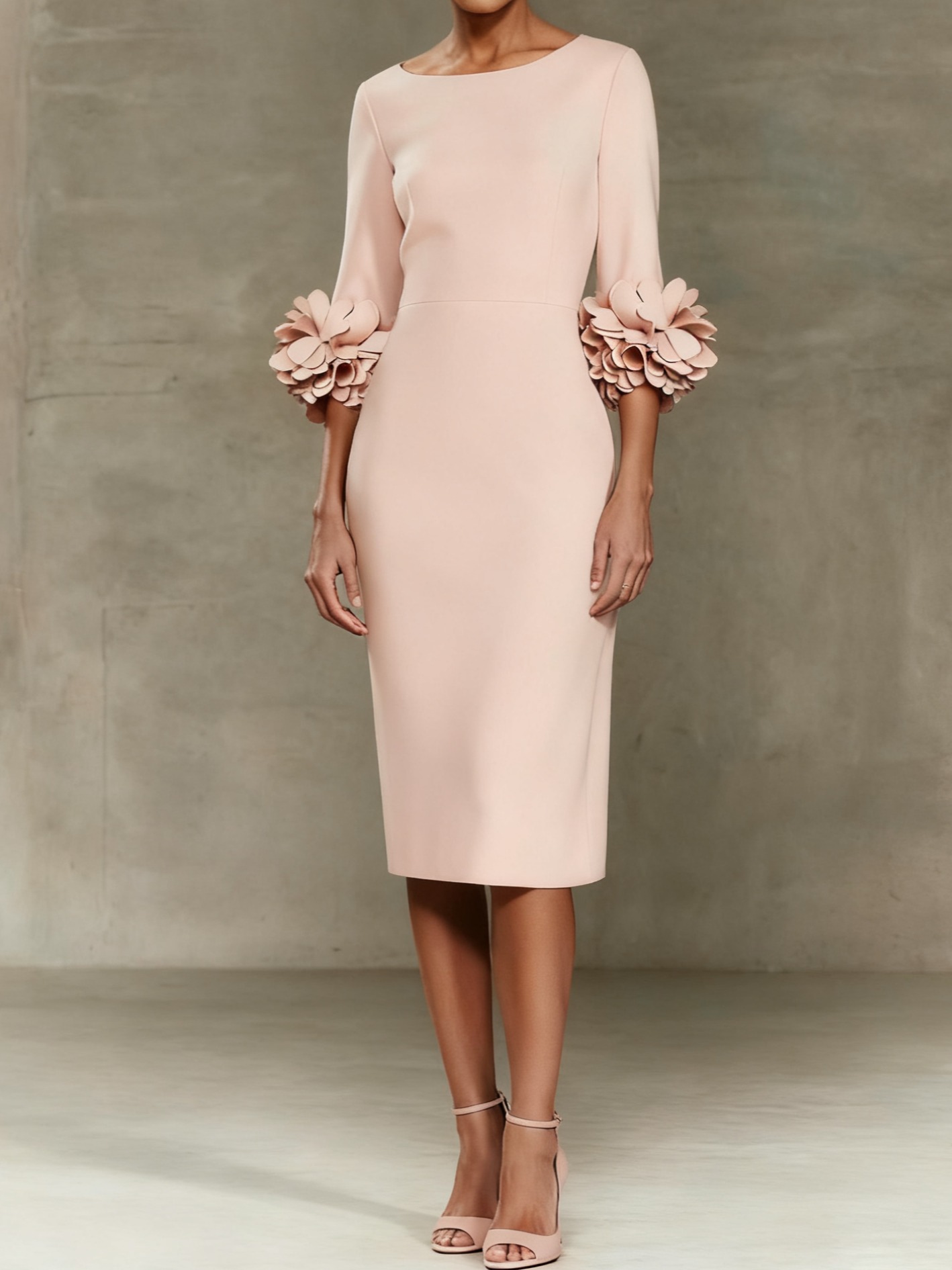 Light Pink 3D Floral Classic Crew Neck Half Sleeve Sheath Midi Dress