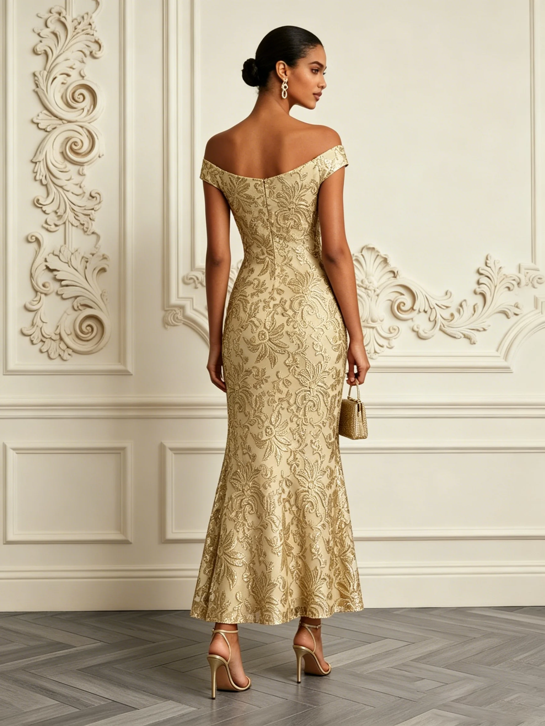 Champagne Jacquard Bone Lace Off The Shoulder Short Sleeve Mermaid Maxi Dress