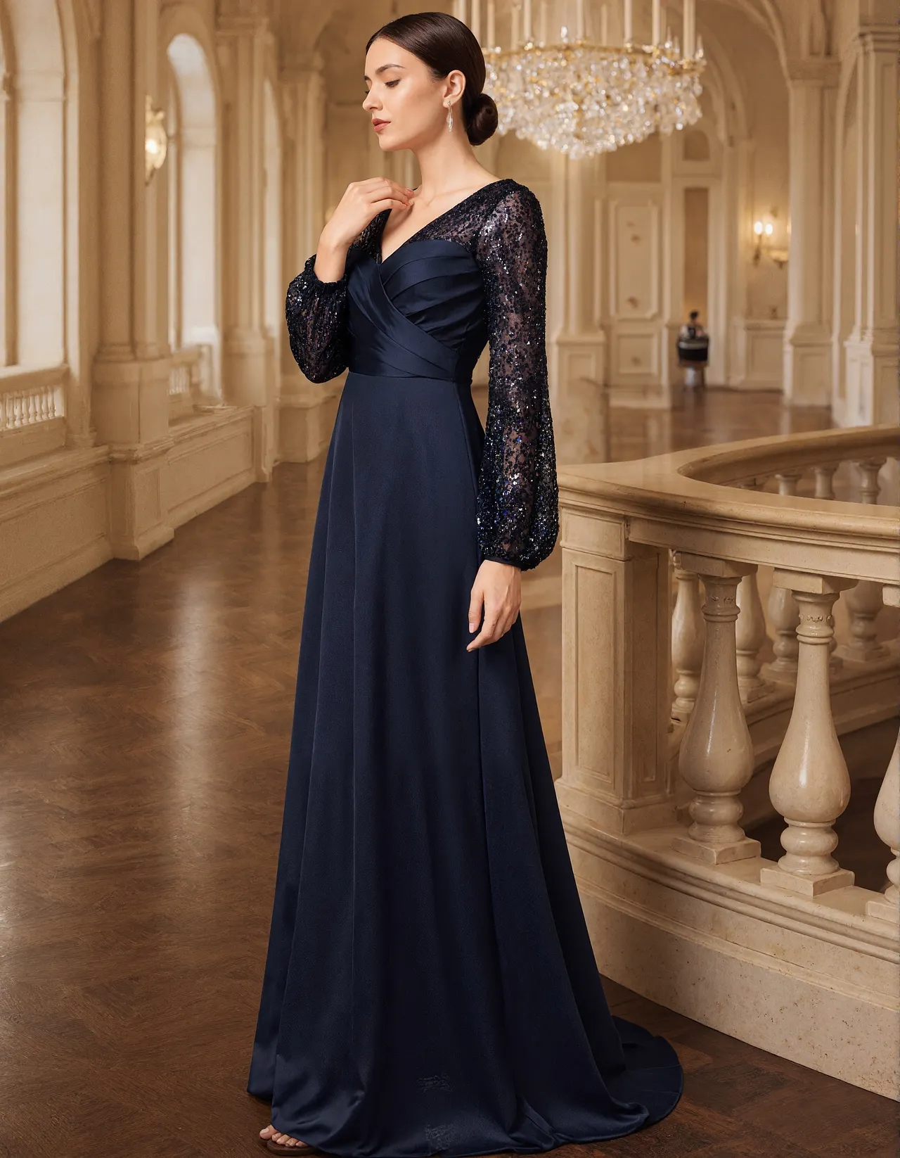 Dark Blue V-neck Long Sleeve With Sequins Maxi Dress