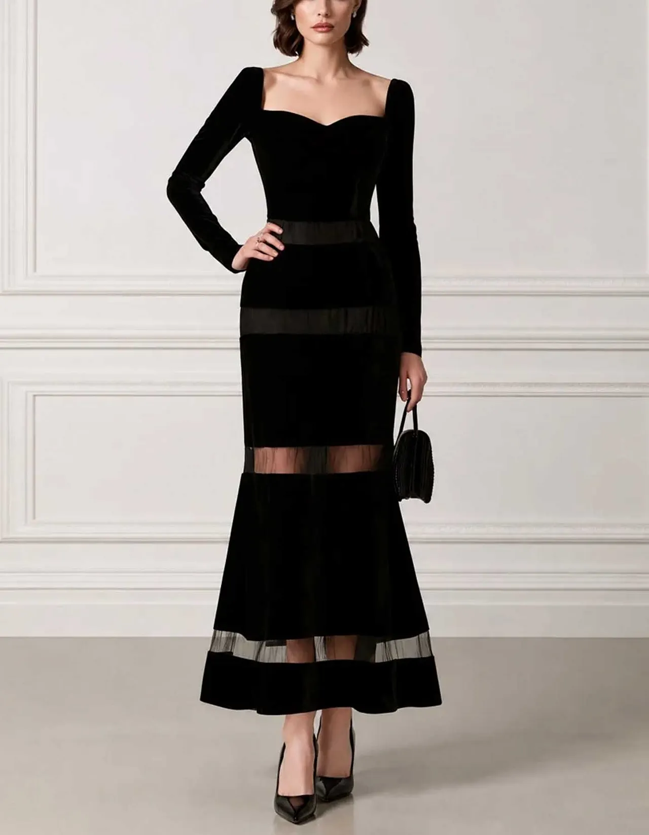 Black Velvet Sweetheart Neck Long Sleeve Mesh Panel Midi Dress