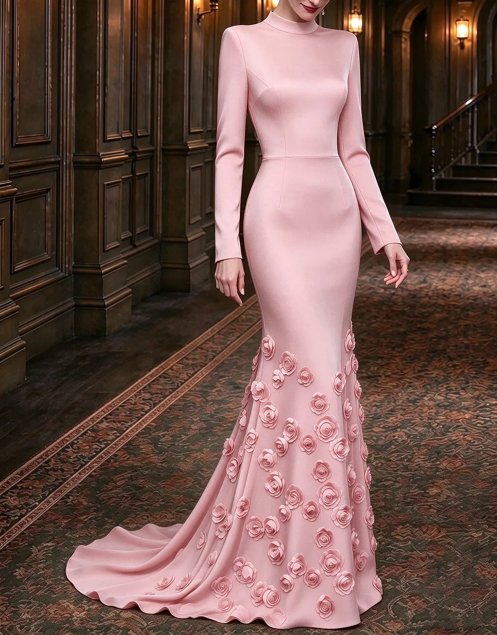 High Neck Long Sleeve Satin 3D Floral Mermaid Evening Maxi Dress