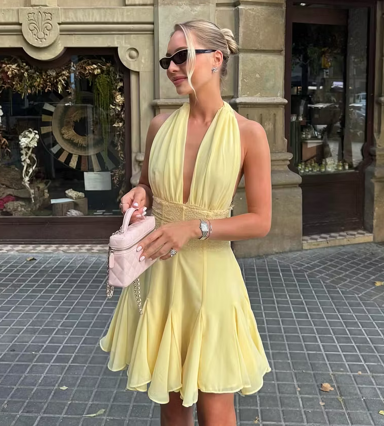 Light Yellow Halter Deep V Mini Dress Lace Waist Open Back Flowy Skirt