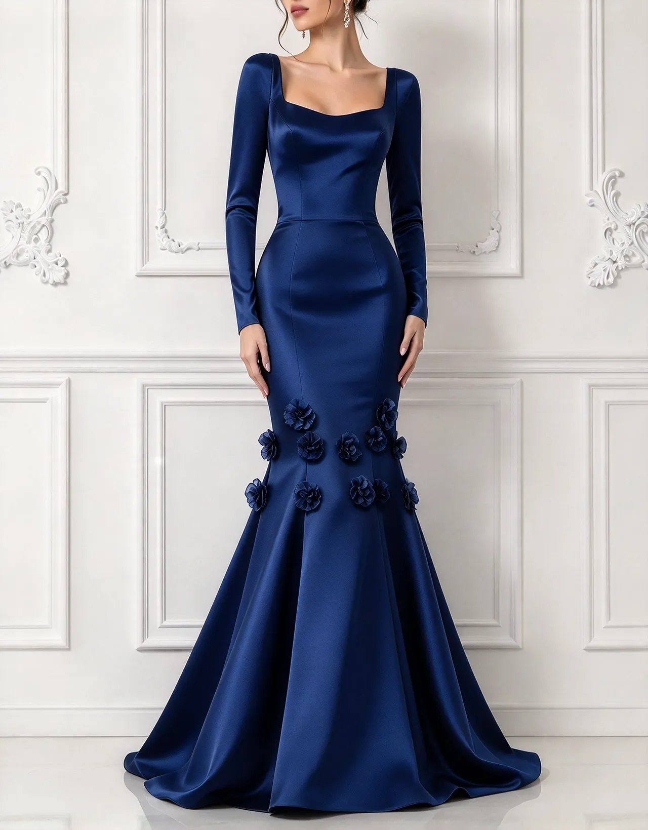 Square Neck Long Sleeve Satin 3D Flowers Mermaid Maxi Dress