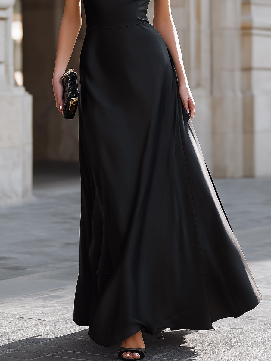 Black One-Shoulder Draped High-Neck Maxi Dress